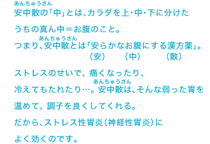 安中散の「中」とは、カラダを上・中・下に分けたうちの真ん中＝お腹のこと。 つまり、安中散とは「安らかなお腹にする漢方薬」。ストレスのせいで、 痛くなったり、冷えてもたれたり…。 安中散は、そんな弱った胃を温めて、 調子を良くしてくれる。 だから、ストレス性胃炎（神経性胃炎）によく効くのです。